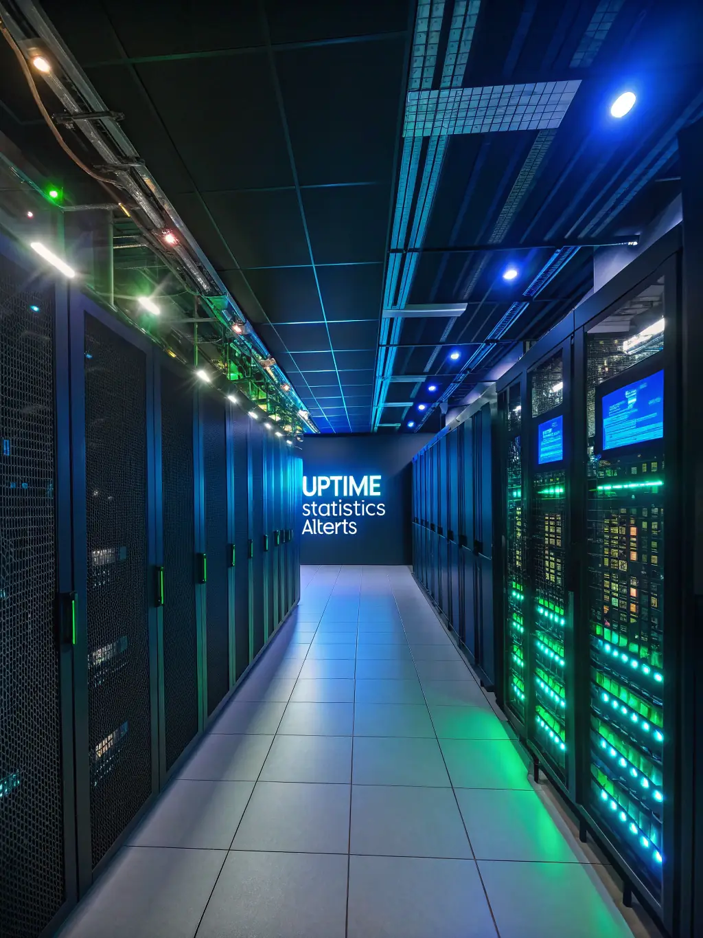 A high-tech server room with sleek servers illuminated by soft blue lighting, emphasizing security and speed.