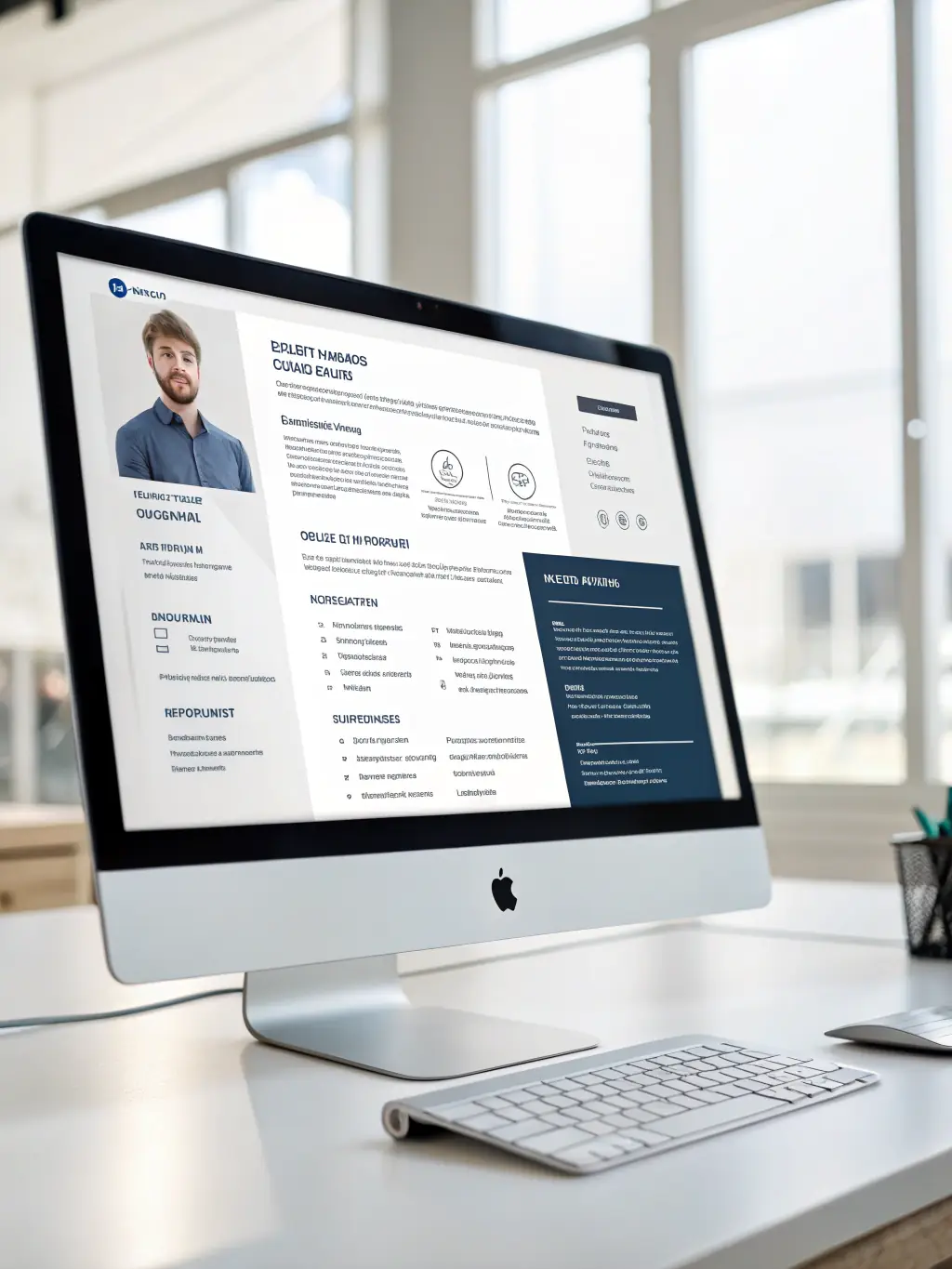 A professional-looking resume template displayed on a laptop screen, showcasing a clean and modern design, with subtle gradients and clear sections for skills, experience, and education. The background is a blurred office environment.